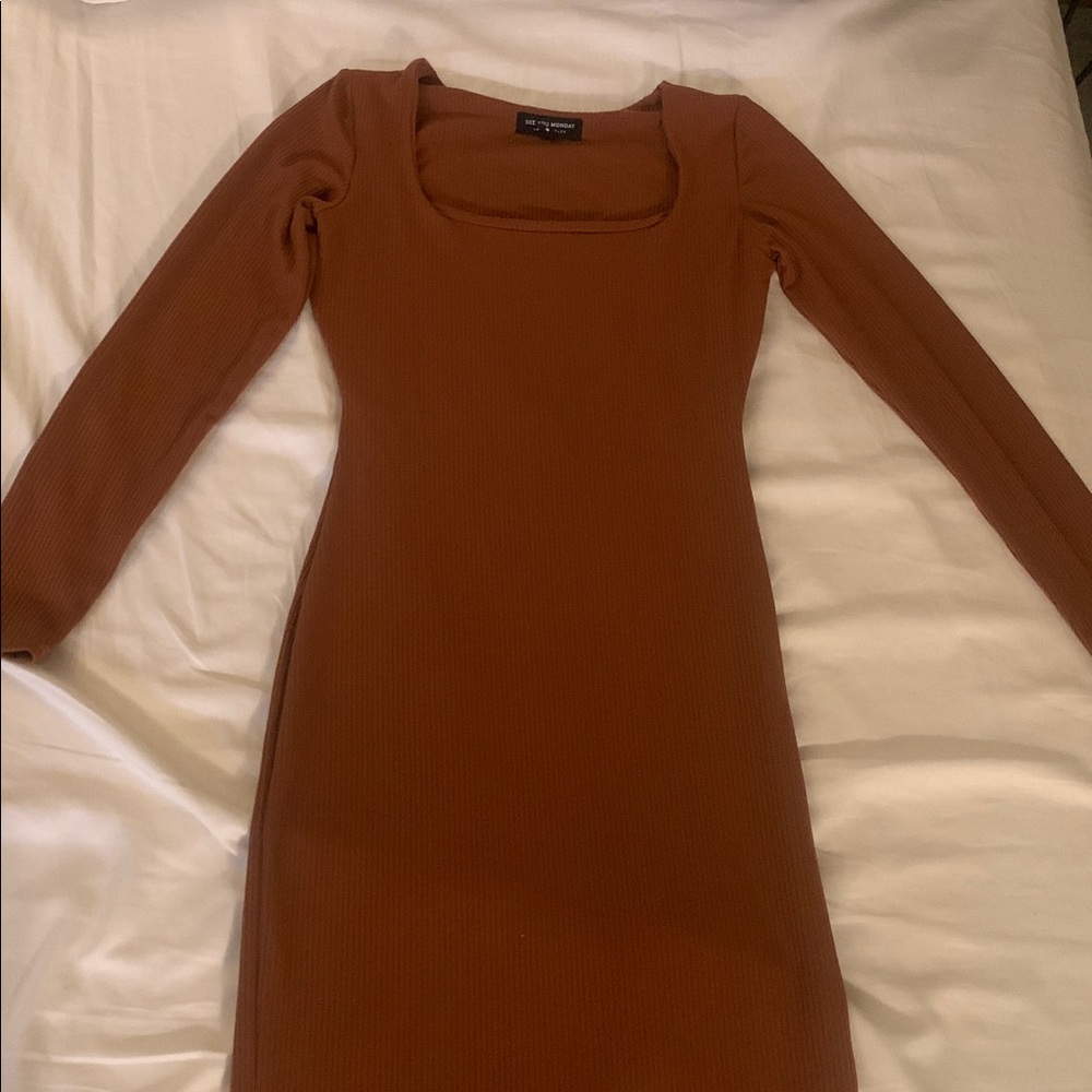 Rust Long Sleeve Ribbed Dress